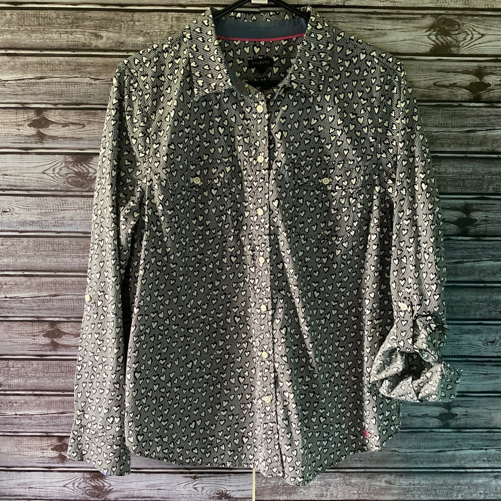 Talbots Women's‎ Long-Sleeved Button-Down Top Size 16 Black White Heart Print